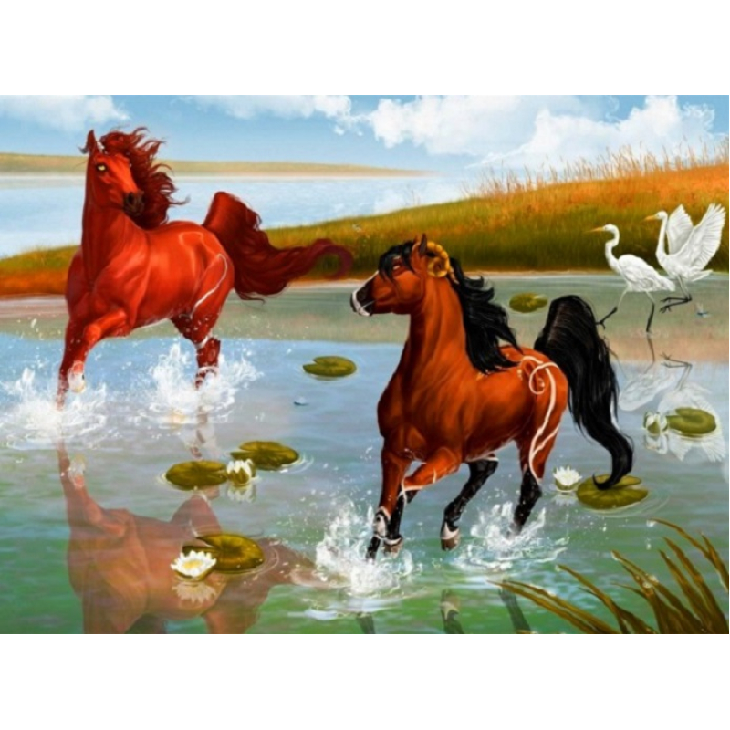 Mona Lisa diamond painting 40x30cm: paarden met witte vogels